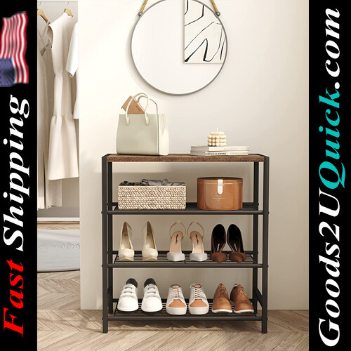 4-Tier Industrial  Shoe Storage Shelf, Shoe Tower, Narrow Shoe Organizer for Closet Entryway, Rustic Brown