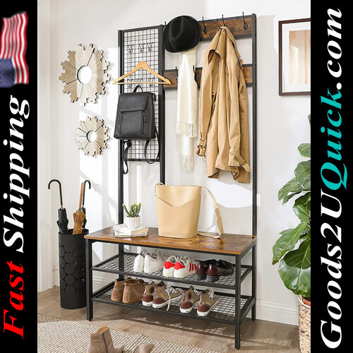 72.8-Inch Industrial Style Tall New Coat Stand with Grid Wall Shoe Rack And 2 Mesh Shelves Large Storage Space , Rustic Brown