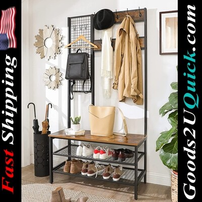 72.8-Inch Industrial Style Tall New Coat Stand with Grid Wall Shoe Rack And 2 Mesh Shelves Large Storage Space , Rustic Brown