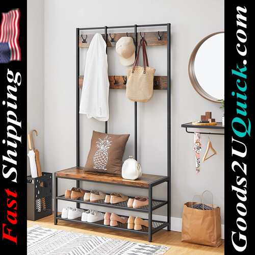 Multifunctional Large  Industrial Design Coat Rack Stand Coat Tree with 12 Hooks and Shoe Bench