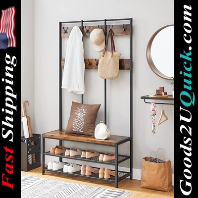 Multifunctional Large  Industrial Design Coat Rack Stand Coat Tree with 12 Hooks and Shoe Bench