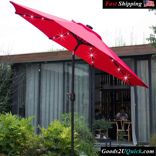 9&#39; Solar LED Lighted Patio Umbrella with 8 Ribs/Tilt Adjustment and Crank Lift System (Red)