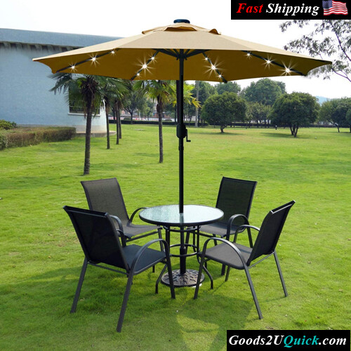 New 9&#39; Solar LED Lighted Patio Umbrella with 8 Ribs/Tilt Adjustment and Crank Lift System (Light Tan)