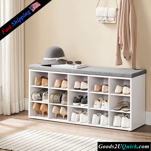 15 Compartments Shoe Rack Bench Shelf Storage Cabinet with Cushion for Entryway, White and Gray