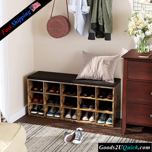 15 Compartments Storage Bench Shoe Rack Shelf Storage Cabinet with Cushion for Entryway (Rustic Brown and Brown)