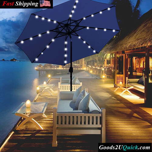9 ft Solar 32 LED Lighted Patio Umbrella Table Market Umbrella with Tilt and Crank  Umbrella for Garden, Deck, Backyard, Pool and Beach
