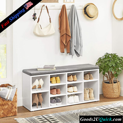 10 Compartments Shoe Shelf Storage Cabinet Shoe Rack Bench with Cushion for Entryway, White and Gray