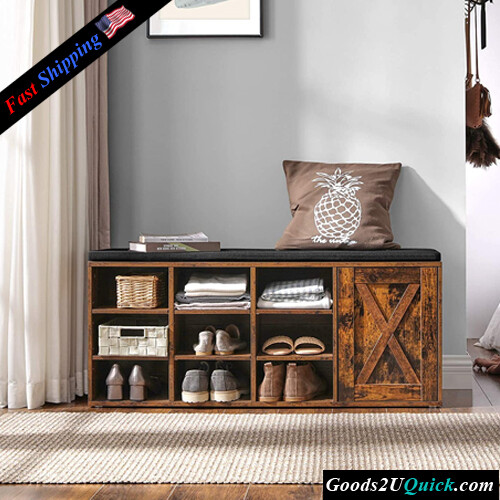 Storage Bench with Cupboard and 9 Open Compartments Shoe Shelf Padded Seat, Rustic Brown