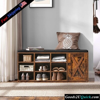 Storage Bench with Cupboard and 9 Open Compartments Shoe Shelf Padded Seat, Rustic Brown