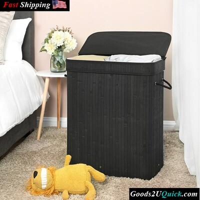 Foldable Storage Bamboo Laundry Basket Hamper with Lid And Handles 100L, Black