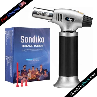 Refillable Kitchen Torch Lighter Fit All Butane Tanks Blow Torch with Safety Lock and Adjustable Flame for Desserts