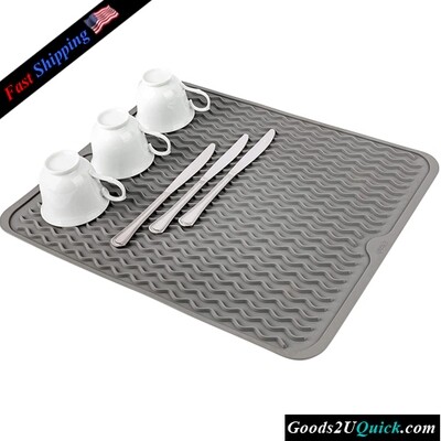 Non-Slip Heat Resistant Foldable Silicone Dish Drying Mat - Drain Hole Great for Dishes Fridge Drawer Liner or Trivet for Hot Pots. (16" X 20" | Grey)