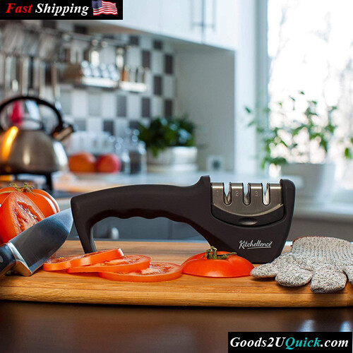 4-in-1 Kitchen Knife Accessories 3-Stage Knife Sharpener Helps Repair Polish Blades and Cut-Resistant Glove (Black)