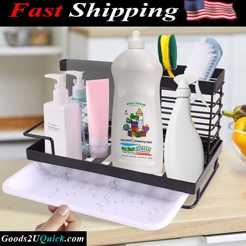 Rustproof Kitchen Sink Caddy Organizer for Sponge Soap Brush Dishcloth Holder with Drain Pan Tray 304 Stainless Steel