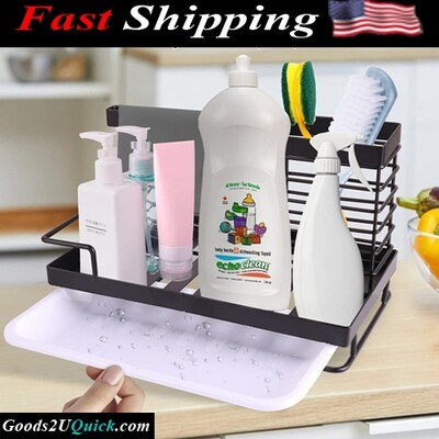 Rustproof Kitchen Sink Caddy Organizer for Sponge Soap Brush Dishcloth Holder with Drain Pan Tray 304 Stainless Steel