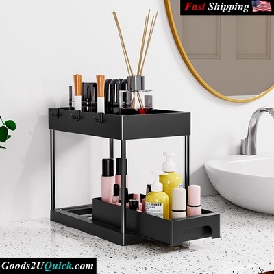 2 Tier Multi-purpose Under Sink kitchen organization with Pull out Sliding Drawers with 4 Hooks for Bathroom