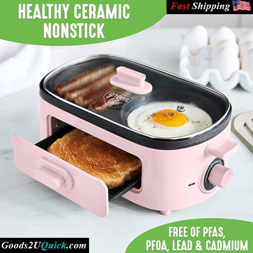 3-in-1Healthy Ceramic Nonstick Dual Griddles for Eggs Meat and Pancakes, 2 Slice Toast Drawe, Pink