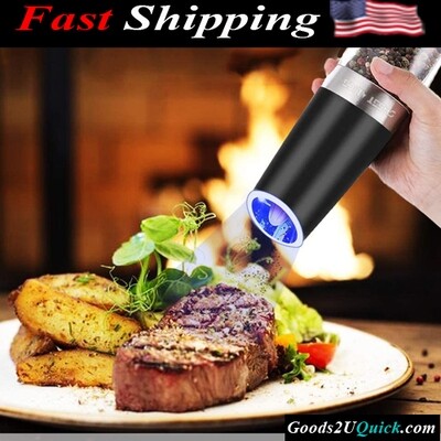 2 Pack Stainless Steel Gravity Electric Pepper and Salt Grinder Set With Adjustable Coarseness Battery Powered And LED Light, Black