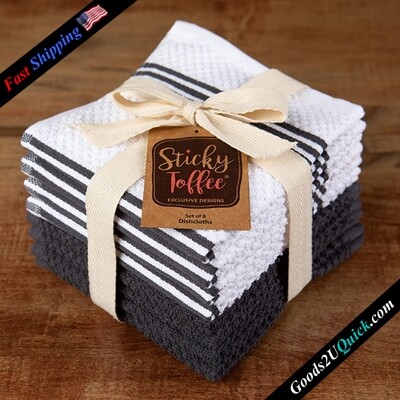Sticky Toffee Cotton Kitchen Towels Dishcloths Set of 8, Gray and White Dish Cloth Towels, 12 in x 12 in