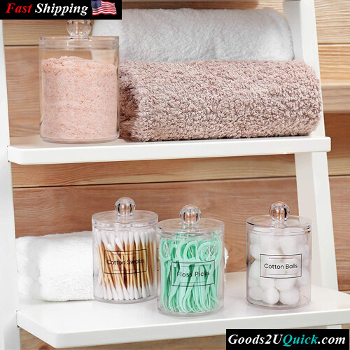 4 PACK Qtip Holder Dispenser for Cotton Ball, Cotton Swab Cotton Round Pads Floss Picks - 10 oz Clear Plastic Apothecary Jar Set