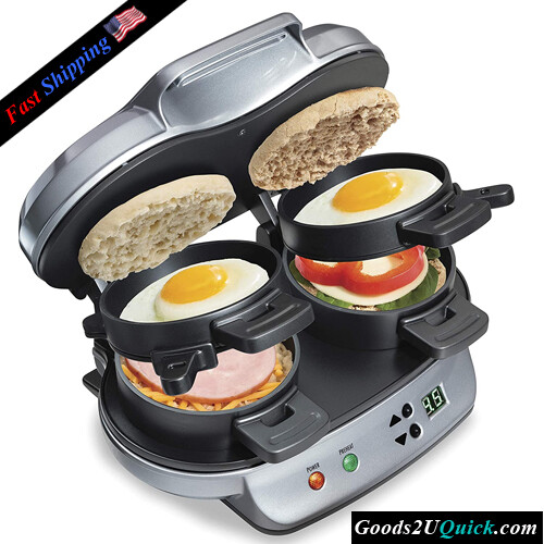 New Dual Breakfast Sandwich Maker with Timer, Silver (25490A)
