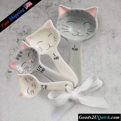 Set of 4 Cat Shaped Ceramic Measuring Spoons - Gift for Any Cat Lover Baking Tool Creative Functional Kitchen Decor