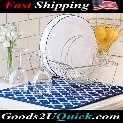 Absorbent Reversible Microfiber Dish Drying Mat for Kitchen, 16 Inch x 18 Inch, Blue Trellis