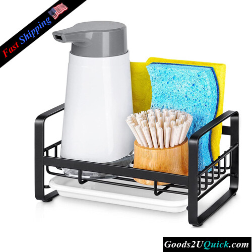 304 Stainless Steel Kitchen Sink Sponge Holder Soap Dispenser Caddy Organizer,Countertop Soap Dish Rack Drainer with Removable Drain Tray, Black