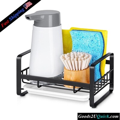 304 Stainless Steel Kitchen Sink Sponge Holder Soap Dispenser Caddy Organizer,Countertop Soap Dish Rack Drainer with Removable Drain Tray, Black