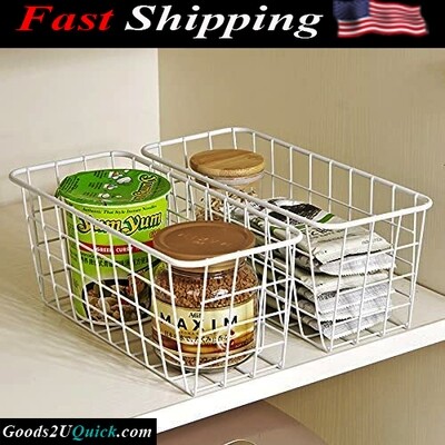 2 PACK Adhesive Sturdy Small Wire Storage Baskets with Kitchen Food Pantry Bathroom Shelf Storage No Drilling Wall Mounted, White