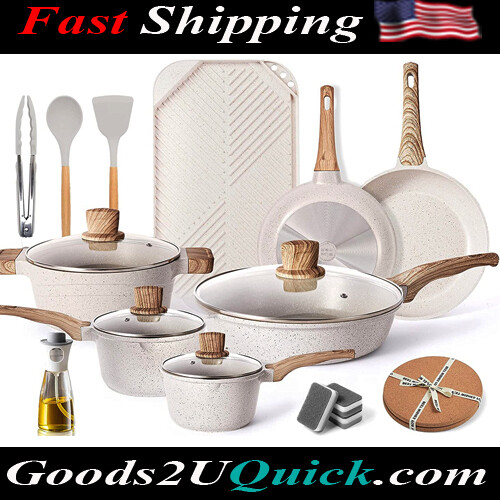 20 Piece Set Kitchen Nonstick Cookware Sets Granite Marble Stone Pan Frying Pans Set for Cooking, Beige