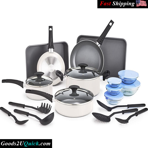 21 Piece Nonstick Cookware Set with Glass Lids Aluminum Bakeware, Pots and Pans, Storage Bowls &amp; Utensils, White