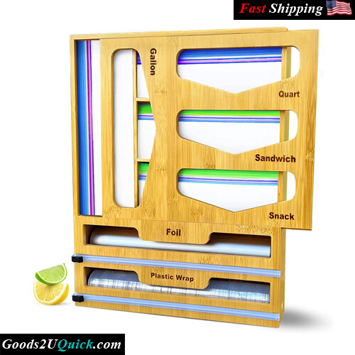 Kitchen Drawer Organizer w/Plastic Wrap &amp; Aluminum Foil Dispenser Bamboo Drawer Organizer  w/Built-In Slide Cutter