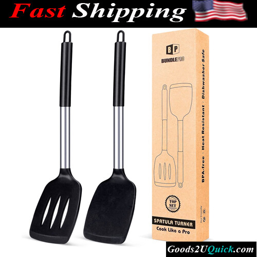 Pack of 2 High Heat Resistant BPA Free Silicone Solid Turner,Non Stick Slotted Kitchen Spatulas Cooking Utensils (Black)