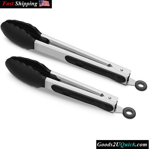 2 Pack Premium Silicone BPA Free Non-Stick Black Kitchen Tongs Stainless Steel BBQ Cooking Grilling Locking Food Tongs, 9-Inch &amp; 12-Inch