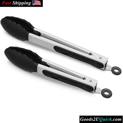 2 Pack Premium Silicone BPA Free Non-Stick Black Kitchen Tongs Stainless Steel BBQ Cooking Grilling Locking Food Tongs, 9-Inch &amp; 12-Inch