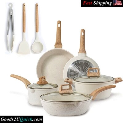 10 Pcs Non Stick Cooking Set w/Frying Pans &amp; Saucepans White Granite Induction Kitchen Cookware Sets