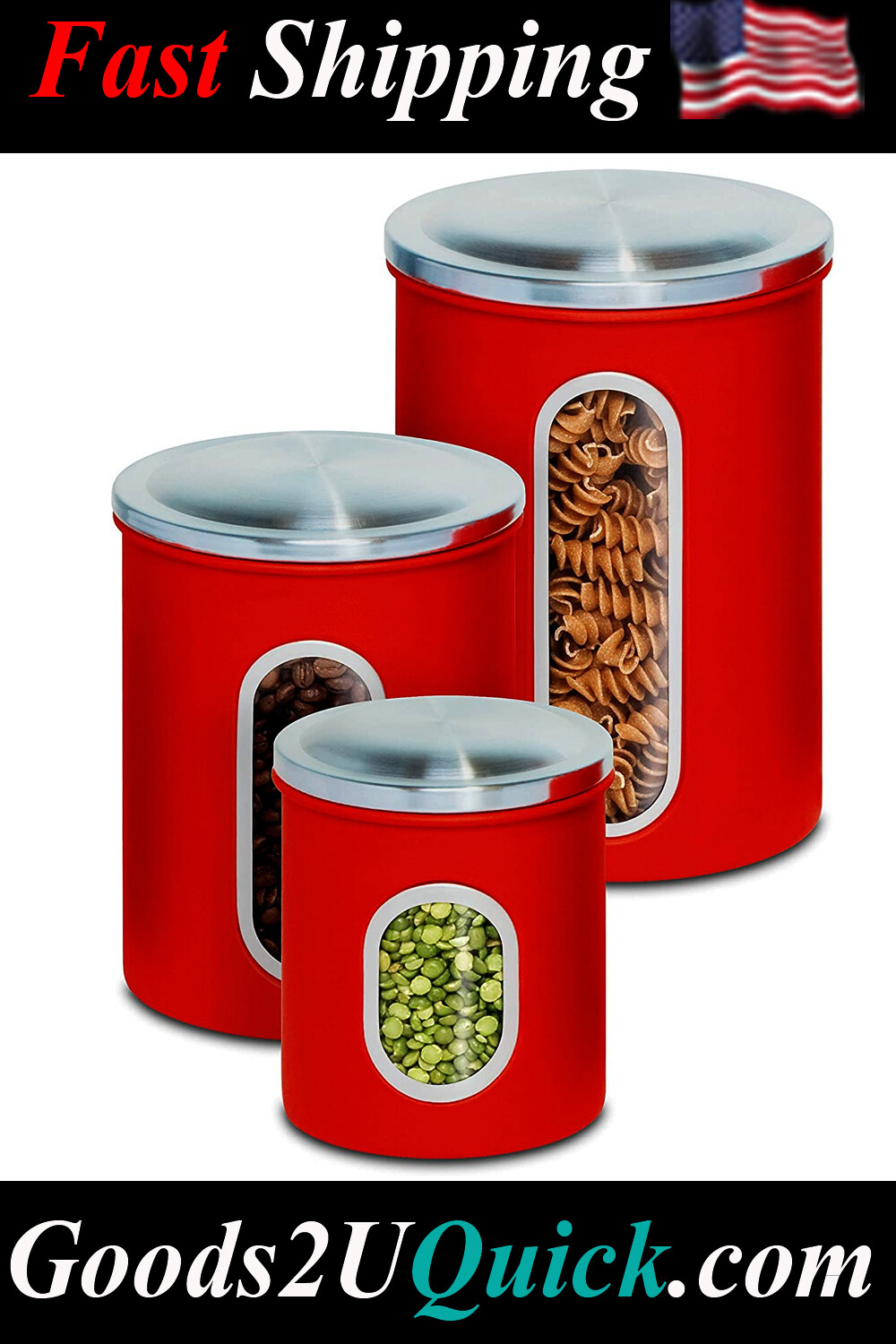 Three-Piece Set of Nesting Stainless Steel Kitchen Canisters, Red KCH-03011 Red