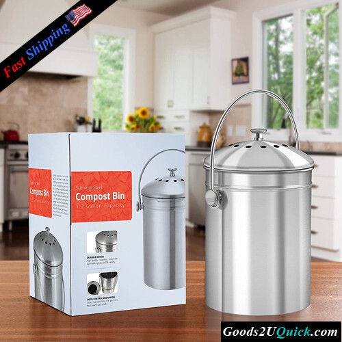 Kitchen Compost Bin for Kitchen Countertop - 1.3 Gallon Compost Bucket for Kitchen with Lid - Includes 1 Spare Charcoal Filter (Silver)