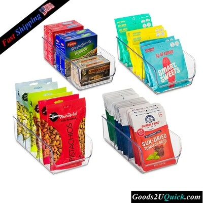 Set Of 4 Plastic Food Storage Organizer Bins - Divided 3 Compartment Kitchen Pantry Fridge Organizers for Food Packets  - Clear Plastic Storage Rack