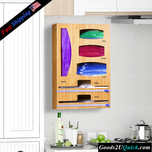 6 in 1 Bamboo Dispenser with Cutter for Kitchen Drawer and Wall Mounted, Storage for Gallon, Quart, Sandwich, Snack