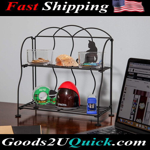 2-Tier Home Cat Lovers Black Metal Countertop Wire Shelf Rack, Great for Household Items, Kitchen Organizer
