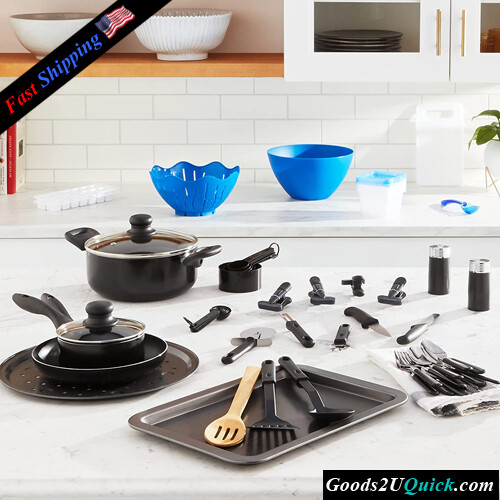 59-Piece Back to Basics Nonstick Aluminum Cookware Set, Black