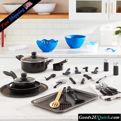 59-Piece Back to Basics Nonstick Aluminum Cookware Set, Black
