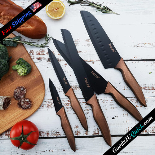 Stainless Steel Non-stick Black Coated Knives Set with Extra Sheaths, Includes 8&#39;&#39; Chef Knife, 8&#39;&#39; Bread Knife, 7&#39;&#39; Santoku Knife, 5&#39;&#39;Utility Knife and 3.5&#39;&#39; Paring Knife