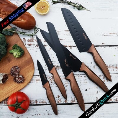 Stainless Steel Non-stick Black Coated Knives Set with Extra Sheaths, Includes 8'' Chef Knife, 8'' Bread Knife, 7'' Santoku Knife, 5''Utility Knife and 3.5'' Paring Knife