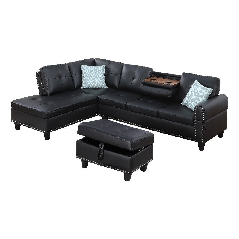 Faux Leather Sectional Sofa with Ottoman in Black