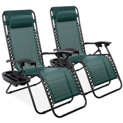 Set of 2 Zero Gravity Lounge Chair Recliners for Patio, Pool w/ Cup Holder Tray - Forest Green