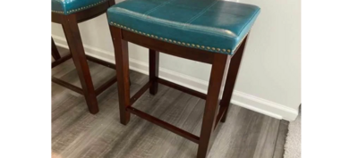 Solid Wood Counter Stool, Faux Leather, Nailhead Trim, 26” H, Blue