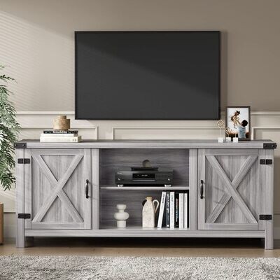 Modern TV Stand with Two Barn Doors and Storage Cabinets for up to 65+ Inch TVs, 58 Inch, Gray Wash
